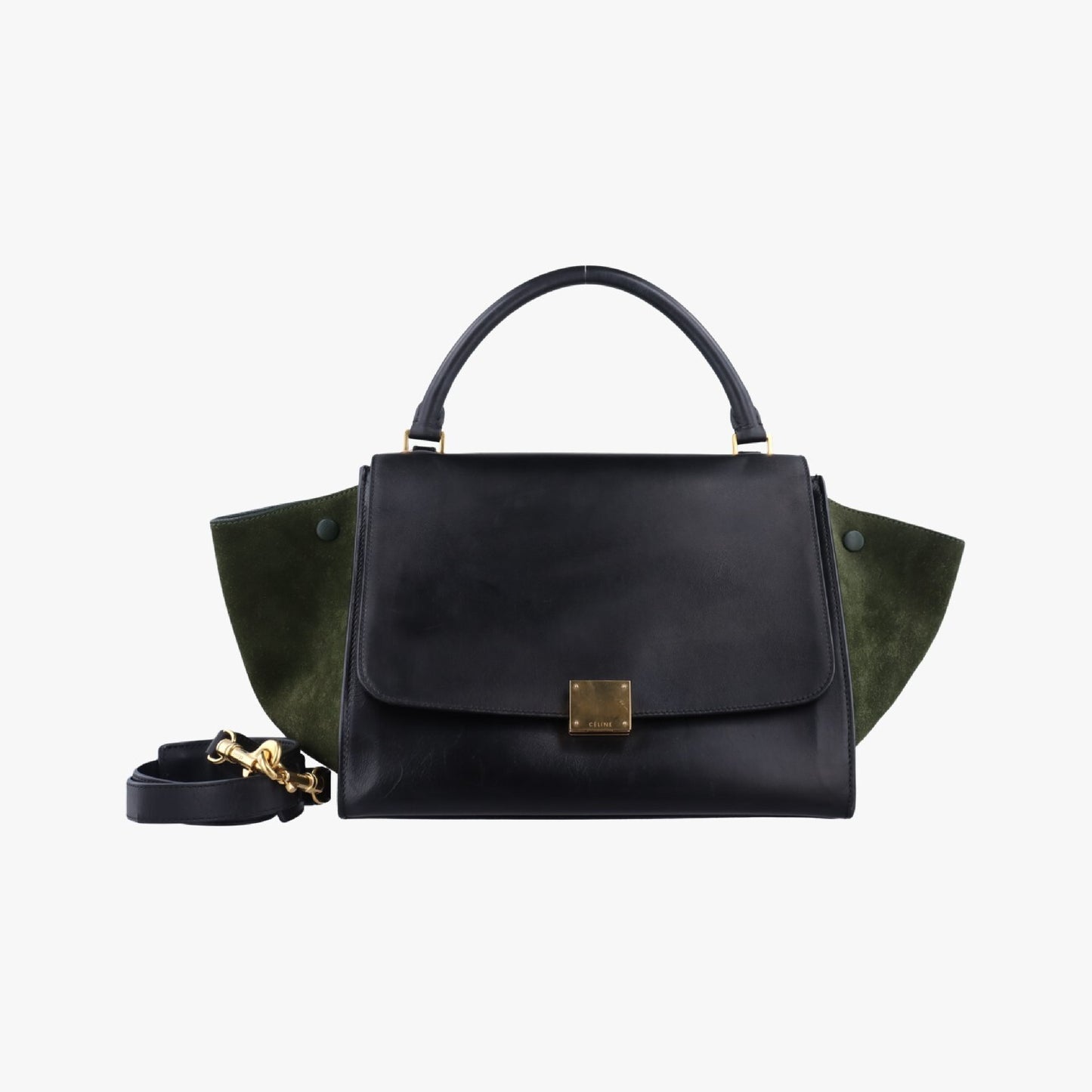 CELINE Trapeze Shoulder Bag in Medium Green and Black Leather and Suede