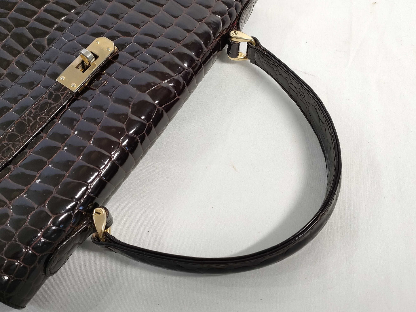 Crocodile alligator leather turnlock handbag, brown