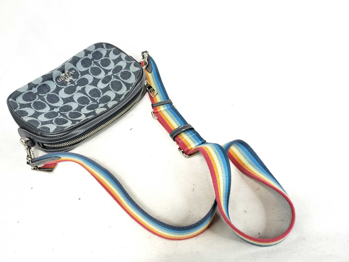 COACH Signature Denim Shoulder Bag with Rainbow Strap