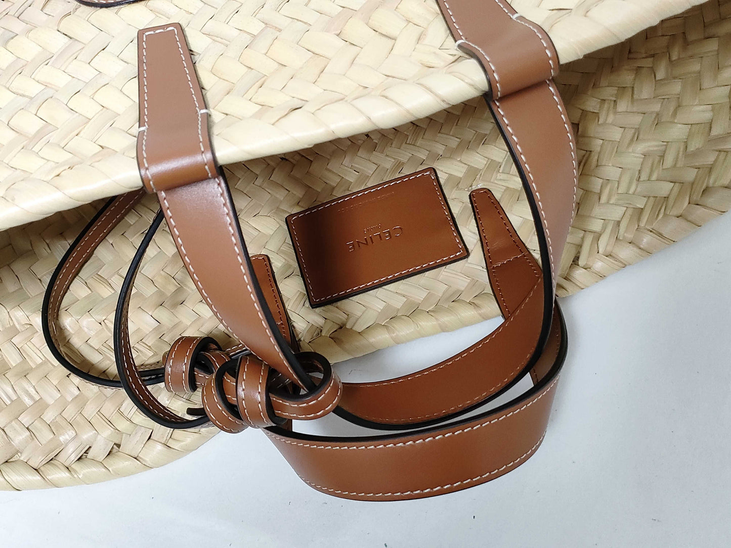 CELINE Triomphe Pannier Raffia and Leather Basket Bag Beige and Brown Handbag