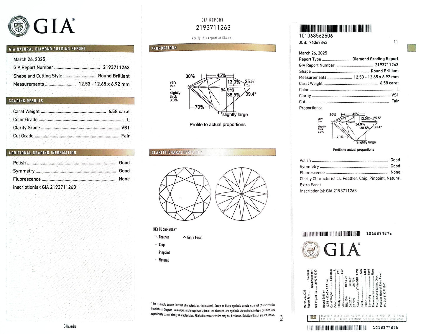 6.58ct L VS1 FAIR/GD/GD NONE NATURAL 12.53-12.65-6.92mm GIA Diamond Loose