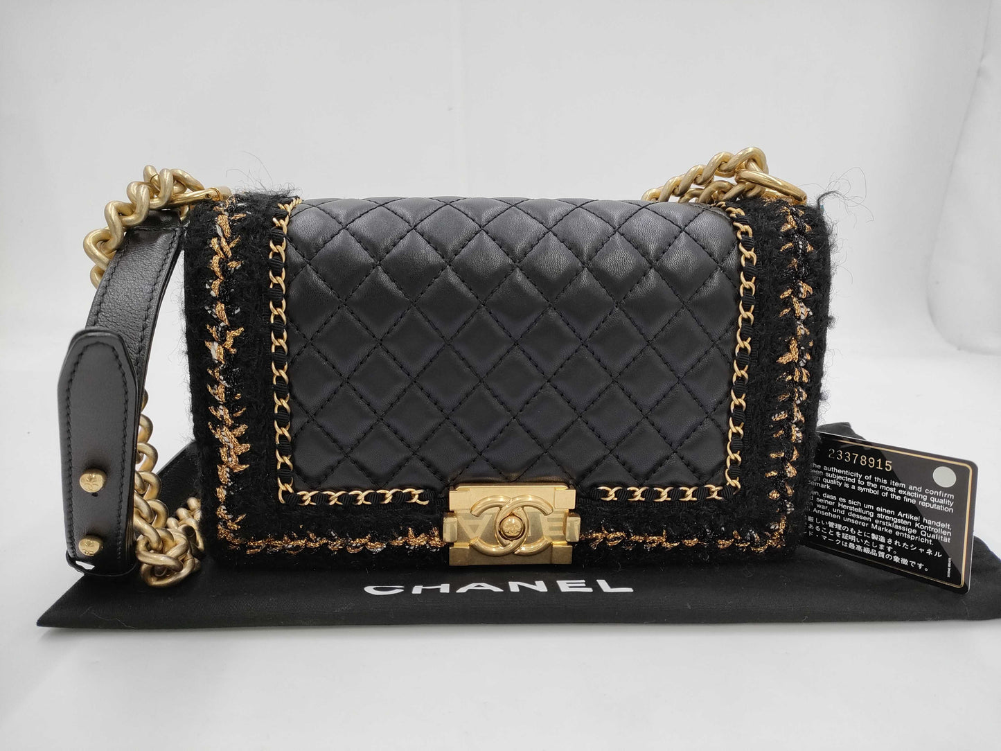 CHANEL Boy Chanel 25 Grained Calfskin Shoulder Bag with Gold Hardware and Black Chain, Card and Seal, No. 23, A67086