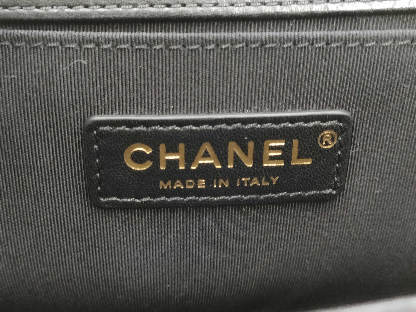 CHANEL Boy Chanel 25 Grained Calfskin Shoulder Bag with Gold Hardware and Black Chain, Card and Seal, No. 23, A67086