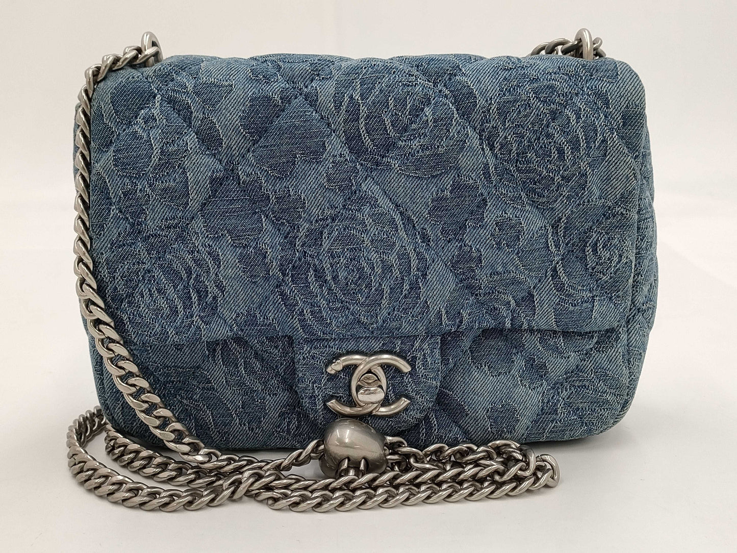 CHANEL Camellia Denim Chain Shoulder Bag with Serial Number Plate