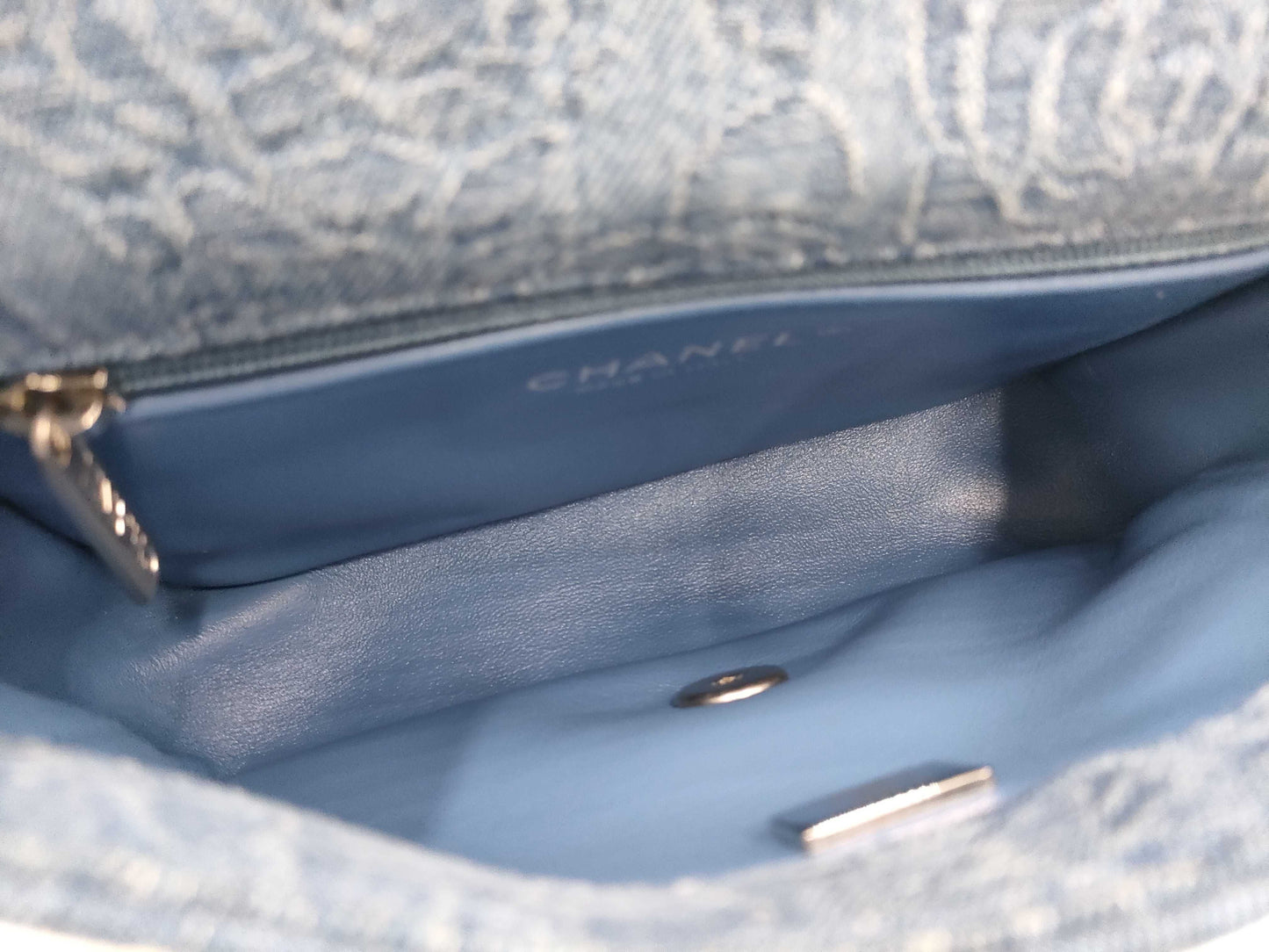 CHANEL Camellia Denim Chain Shoulder Bag with Serial Number Plate