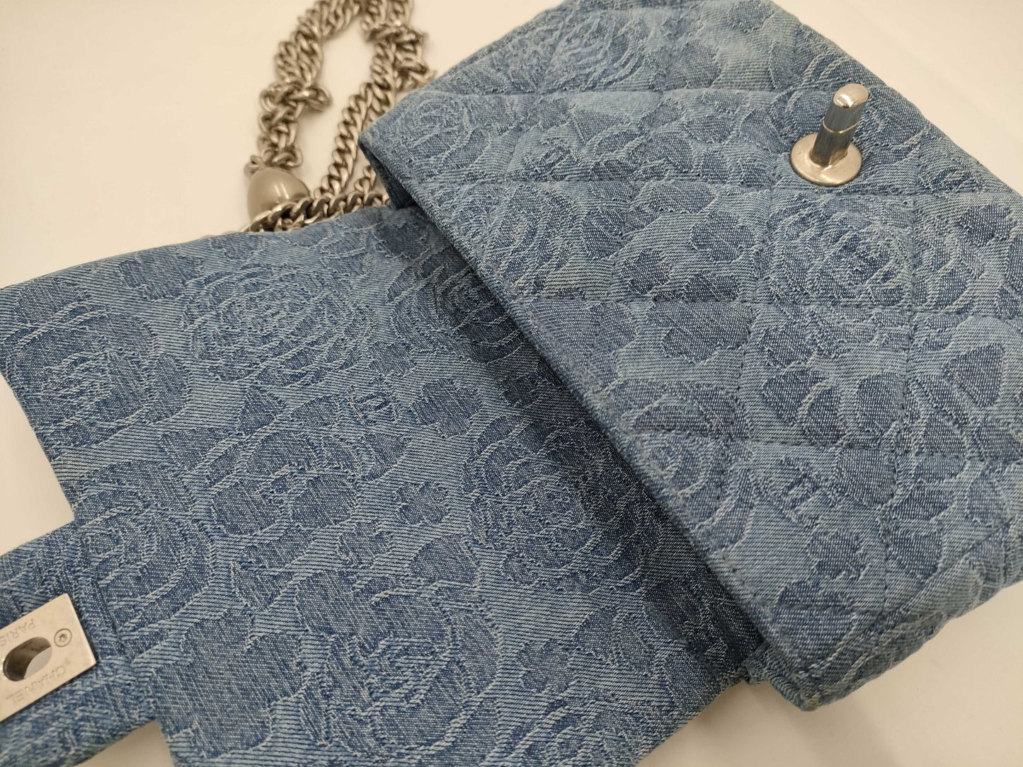 CHANEL Camellia Denim Chain Shoulder Bag with Serial Number Plate
