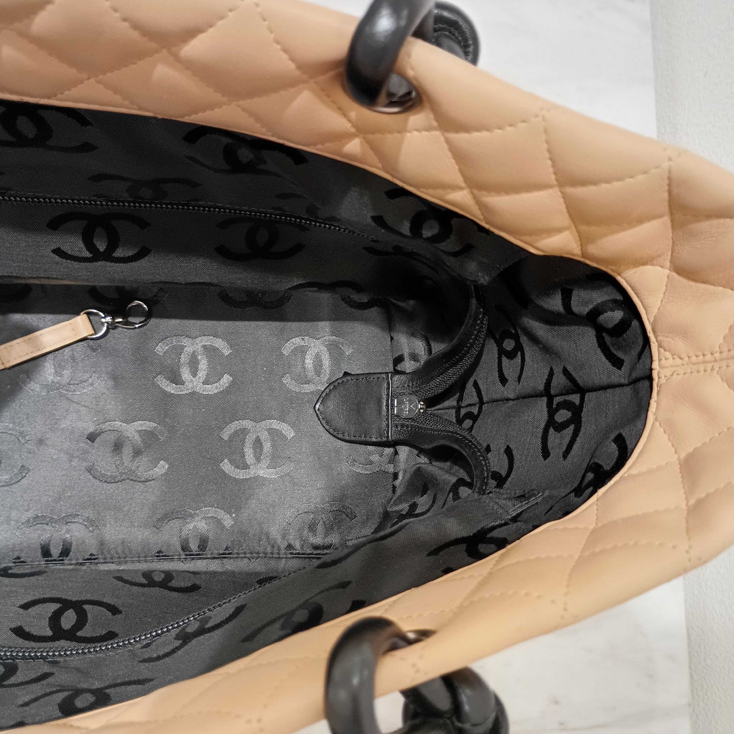 CHANEL Cambon Tote Bag, Beige Lambskin Tote Bag