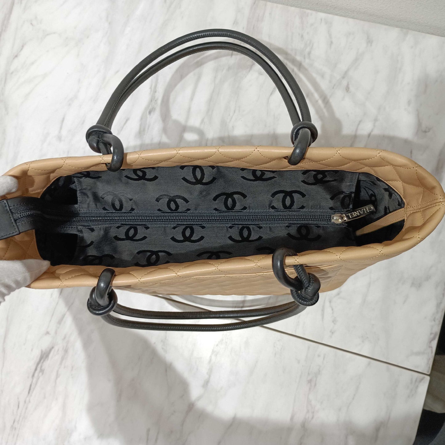 CHANEL Cambon Tote Bag, Beige Lambskin Tote Bag