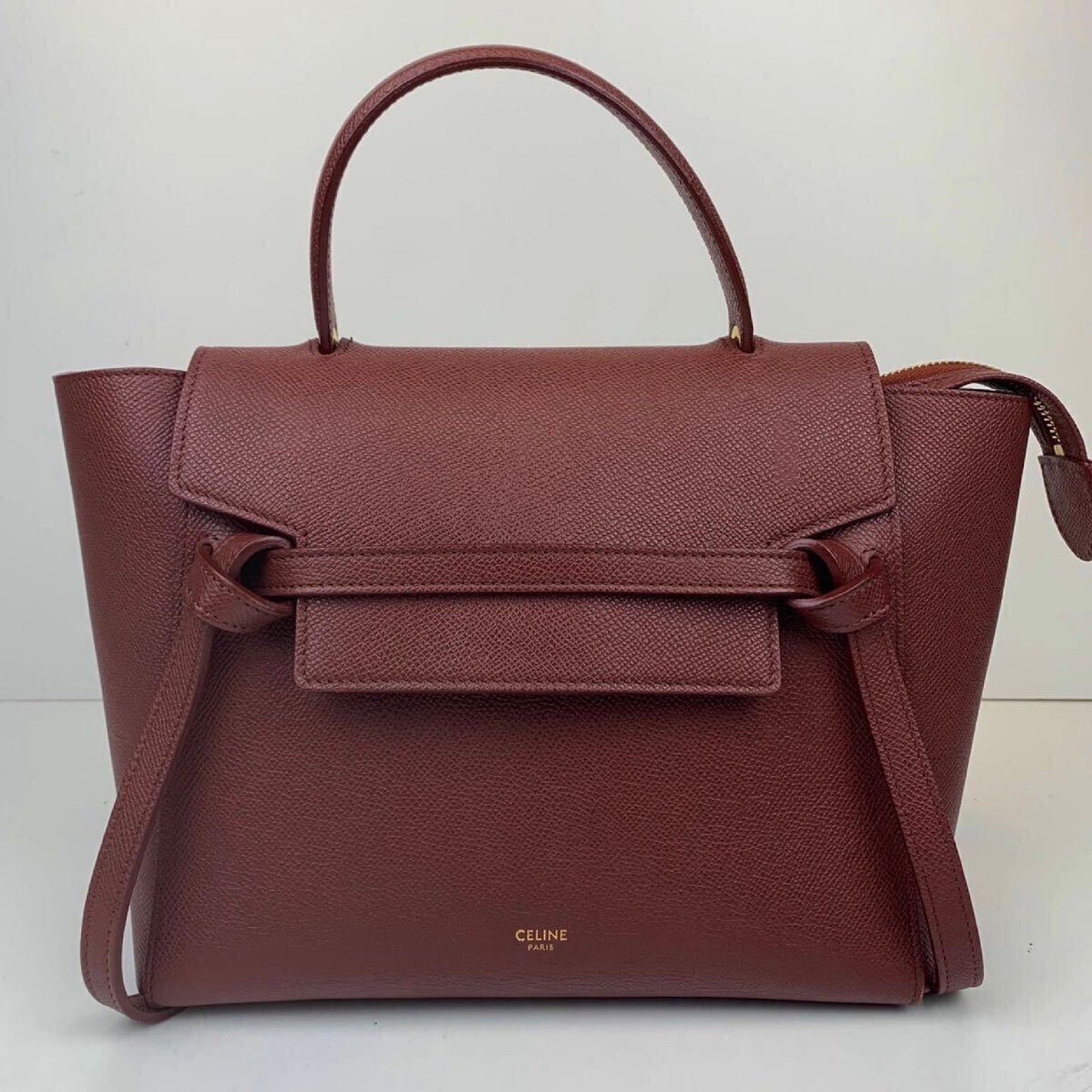CELINE Mini Belt Bag, Limited Edition Color, 2-Way Handbag/Shoulder Bag, Bordeaux Leather with Gold Logo