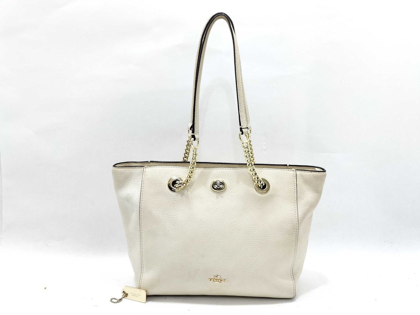 COACH White Turnlock Chain One-Shoulder Leather Tote Bag