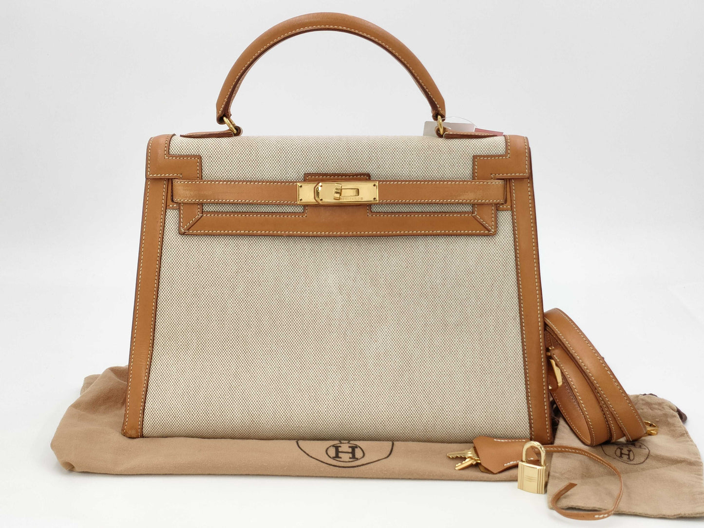 HERMES Kelly 32 Toile Natural Gold Hardware Shoulder Bag