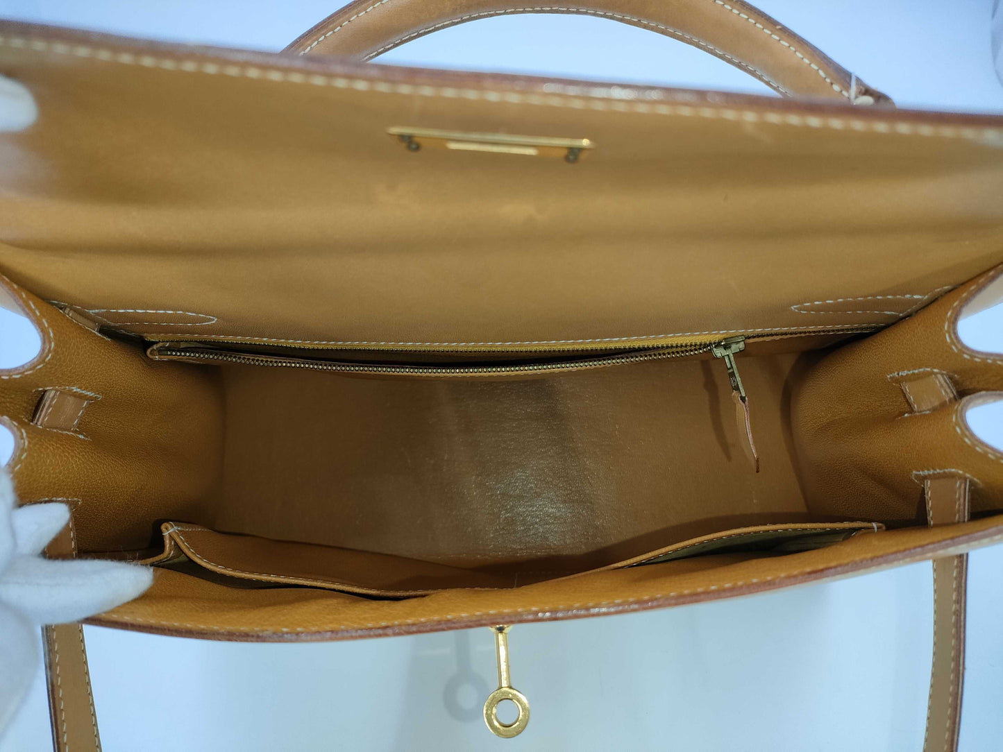 HERMES Kelly 32 Toile Natural Gold Hardware Shoulder Bag