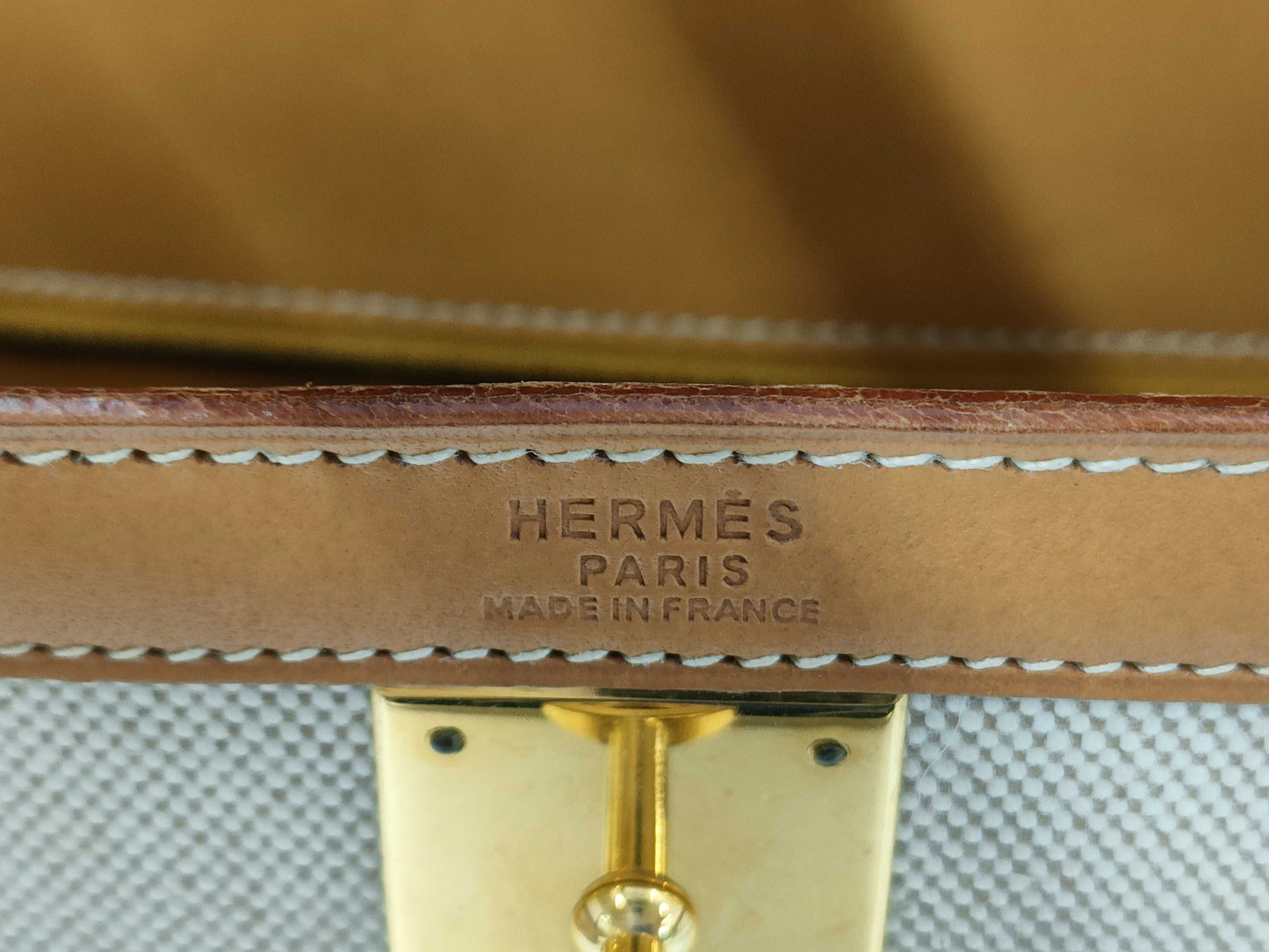 HERMES Kelly 32 Toile Natural Gold Hardware Shoulder Bag