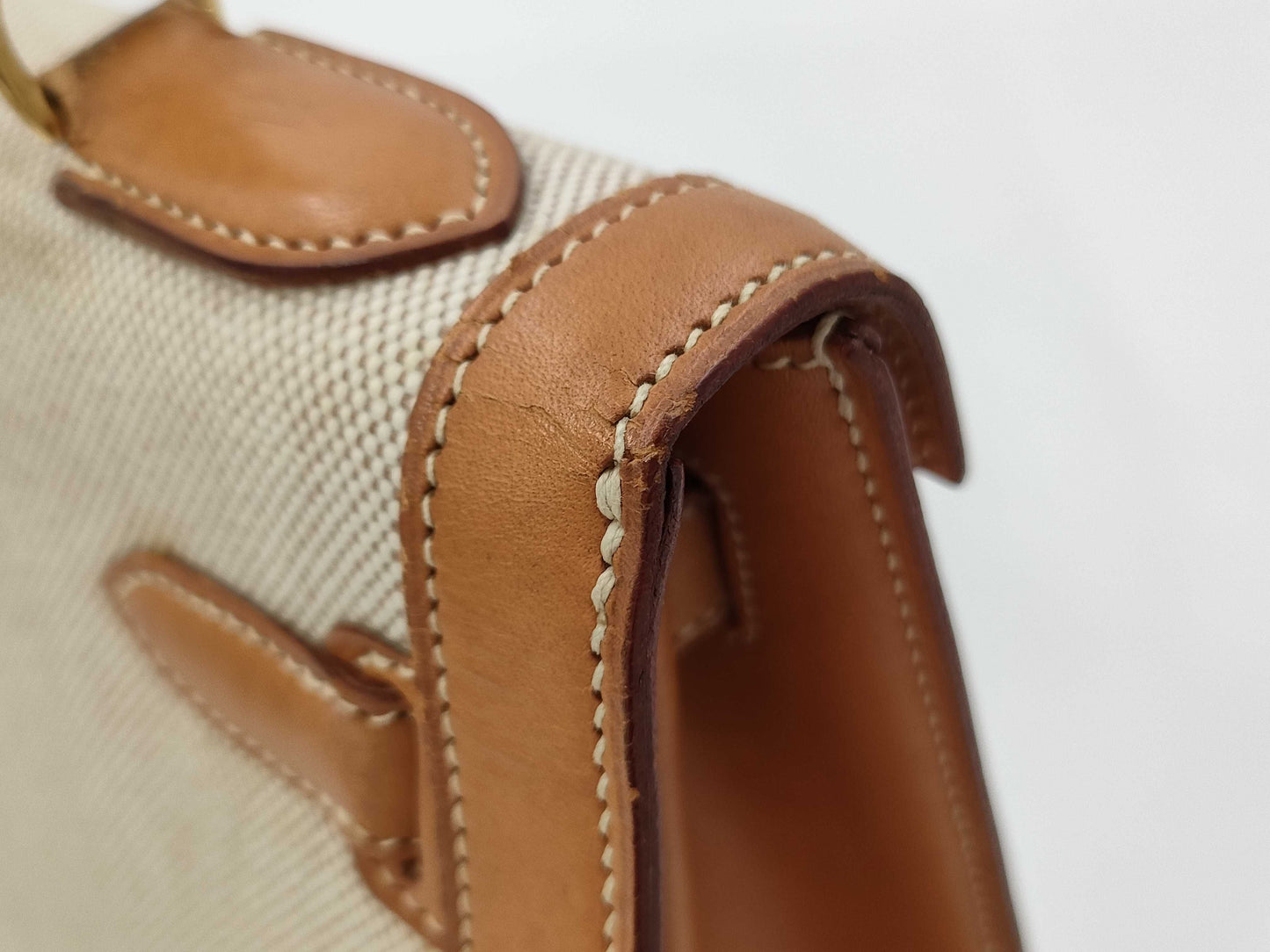 HERMES Kelly 32 Toile Natural Gold Hardware Shoulder Bag