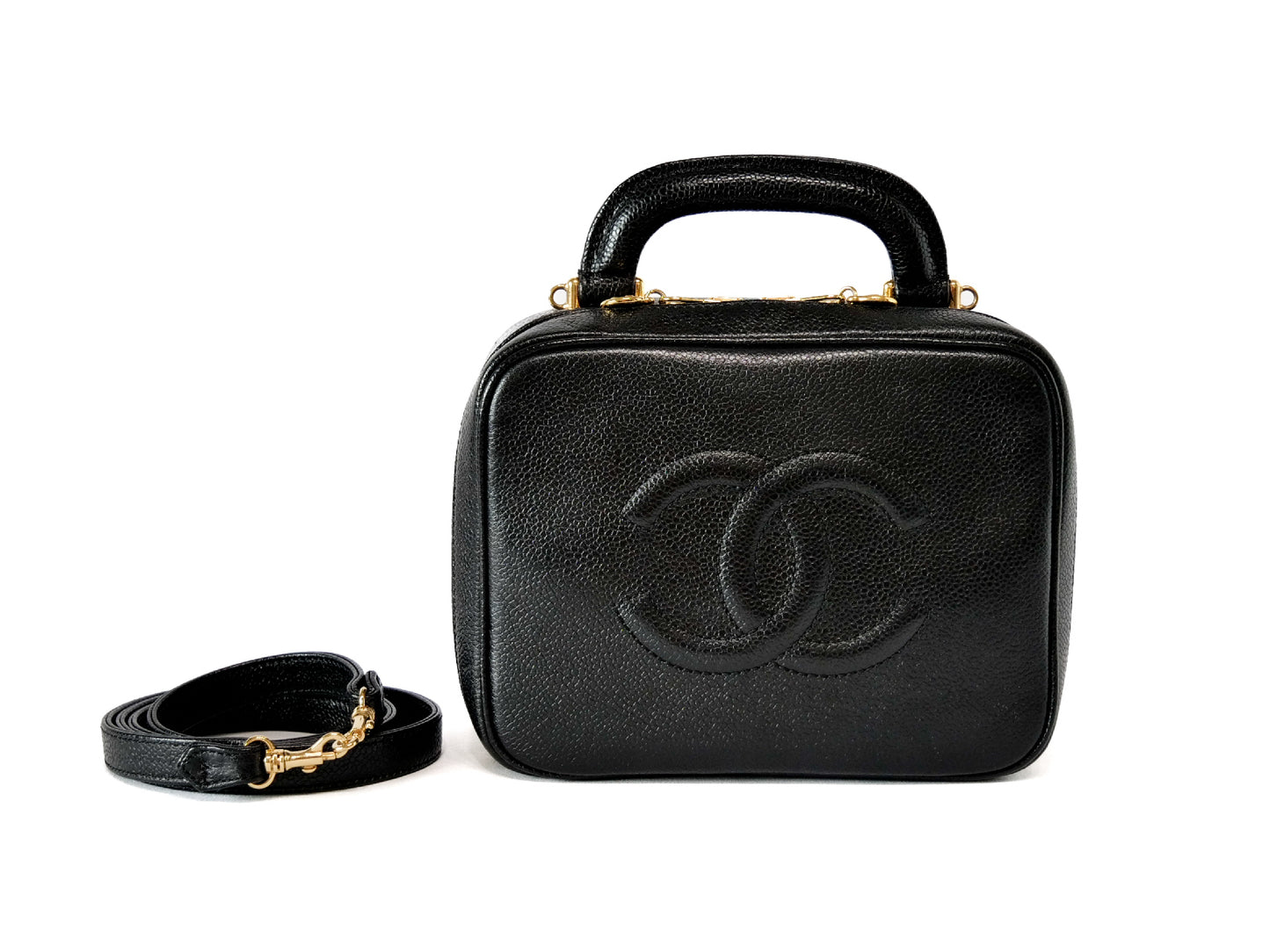 CHANEL Caviar Skin Vanity Coco Mark 2-Way Shoulder Bag Black Vanity Bag