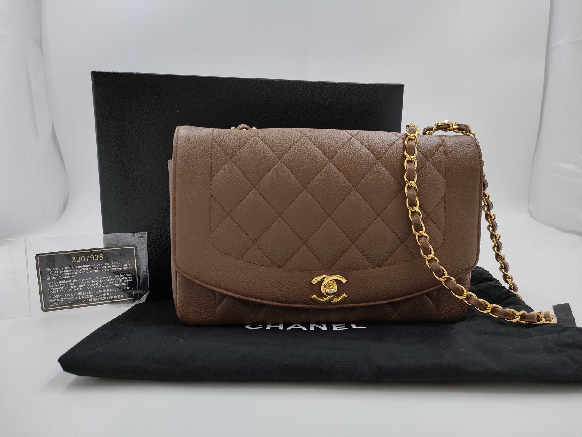 CHANEL Diana Chain Shoulder Bag in Brown Caviar Skin, Diana No. 3 Series