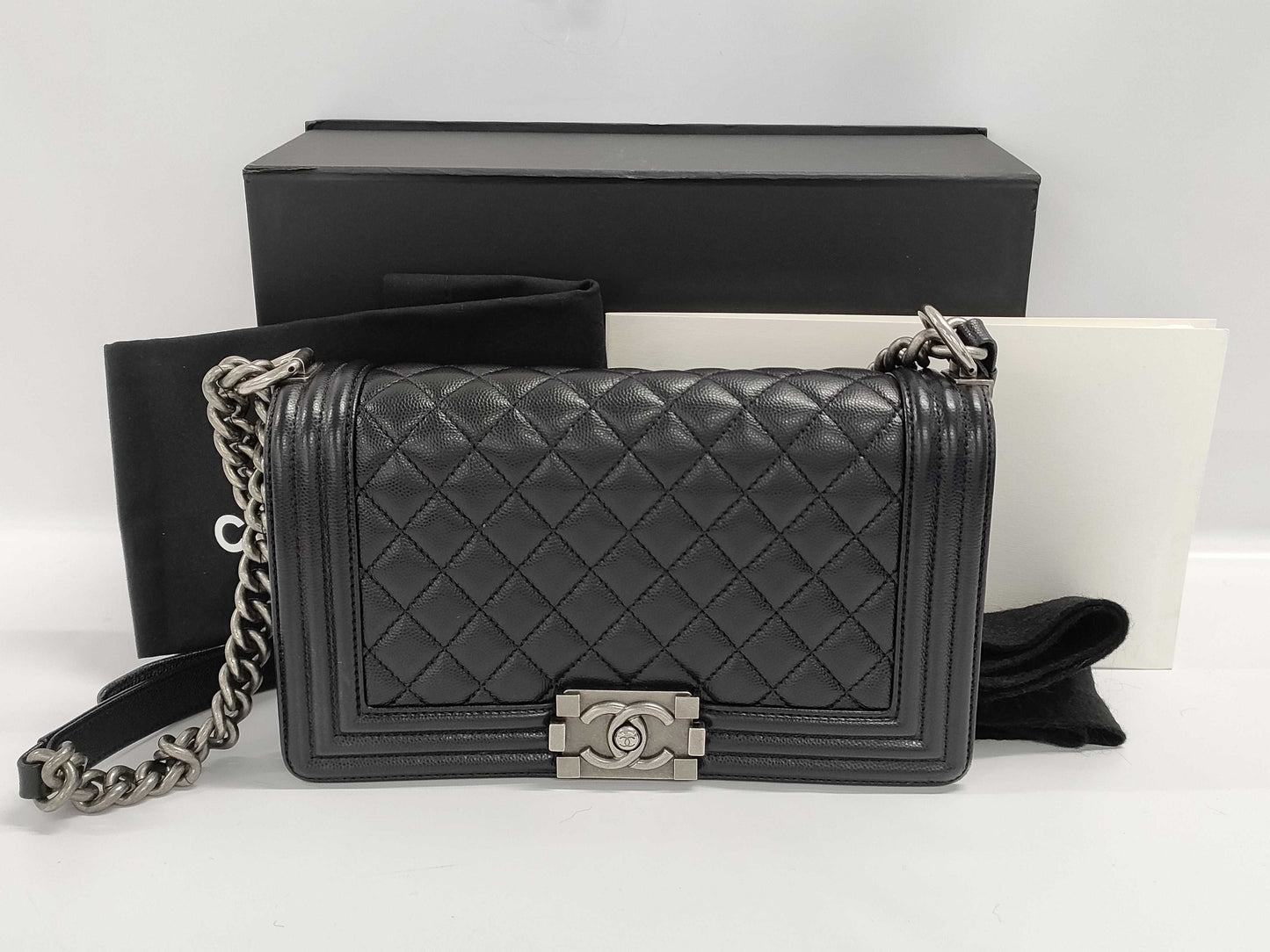 CHANEL Boy Chanel 25 Matelasse Caviar Leather Black with Silver Hardware A67086 29 Series Shoulder Bag