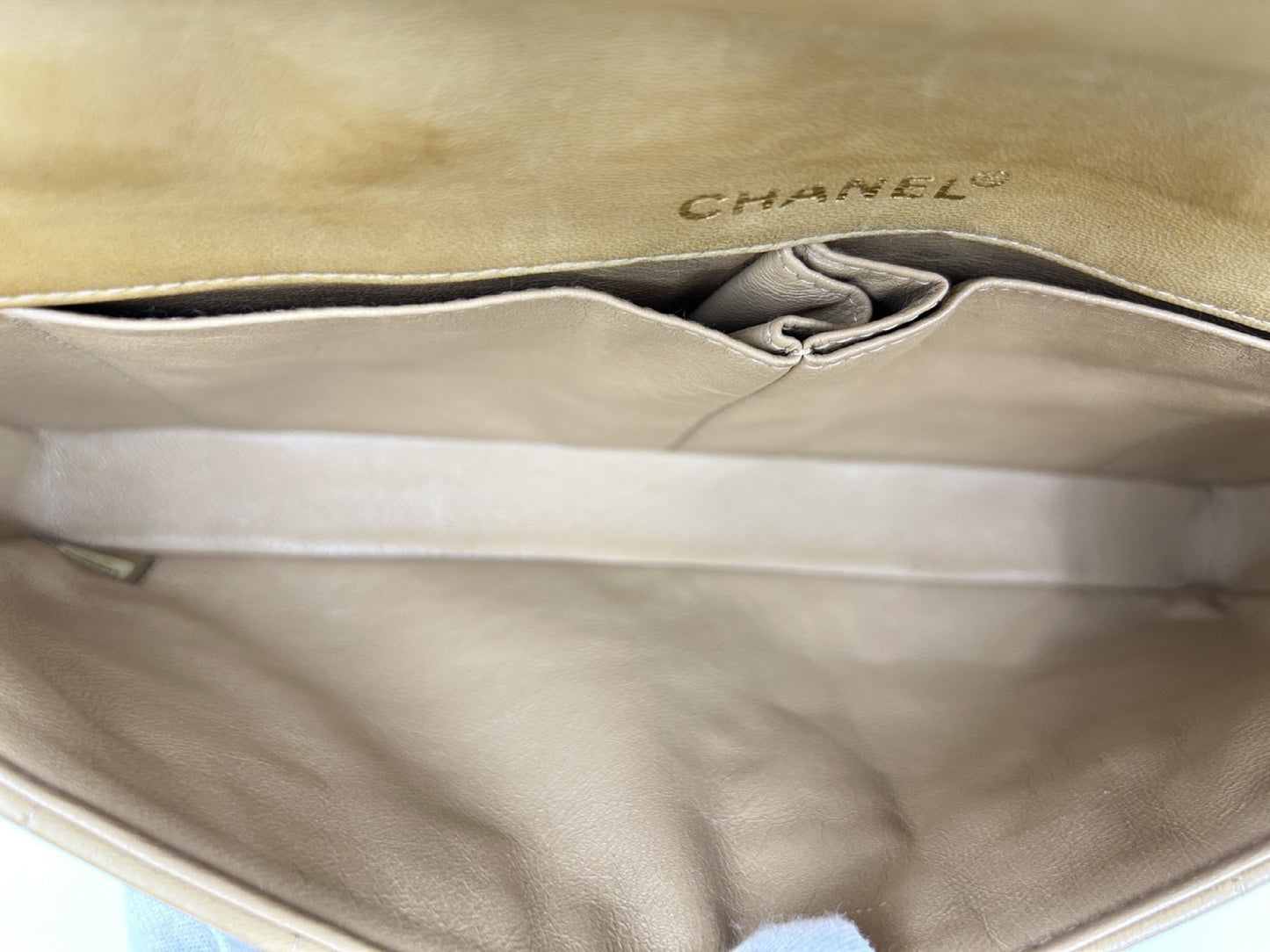 CHANEL CHANEL Chocolate Bar Beige Shoulder Bag with Seal and Shop Seal