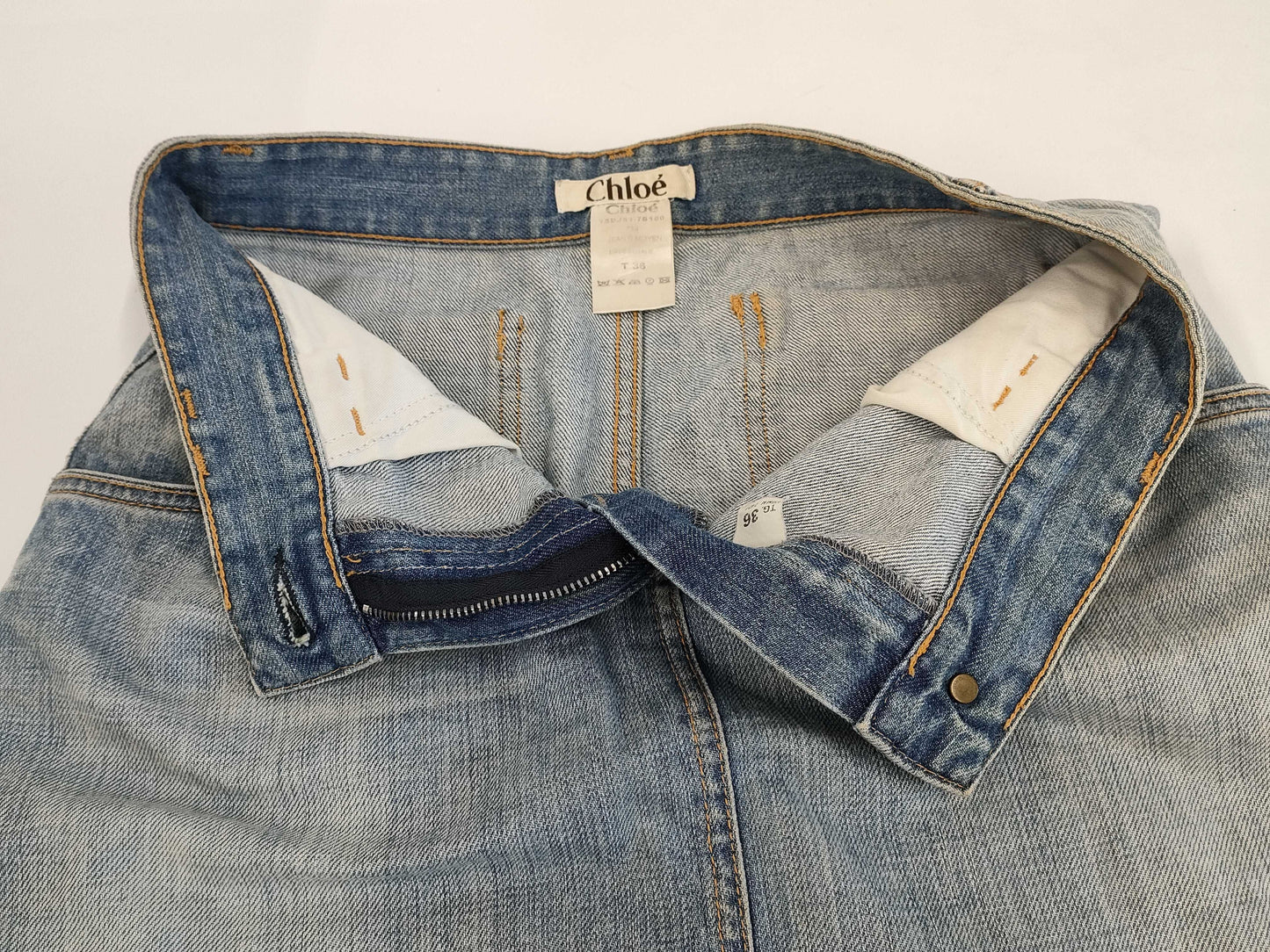 Chloe Chloe Short Denim Skirt Logo Patch Size 36 Skirt