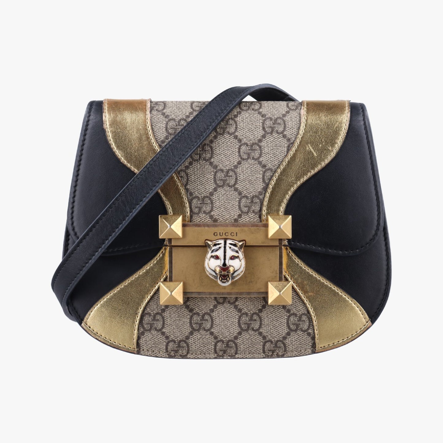 GUCCI Ojiride Beige x Black x Gold PVC Coated Canvas x Leather Shoulder Bag 500781 G023180424