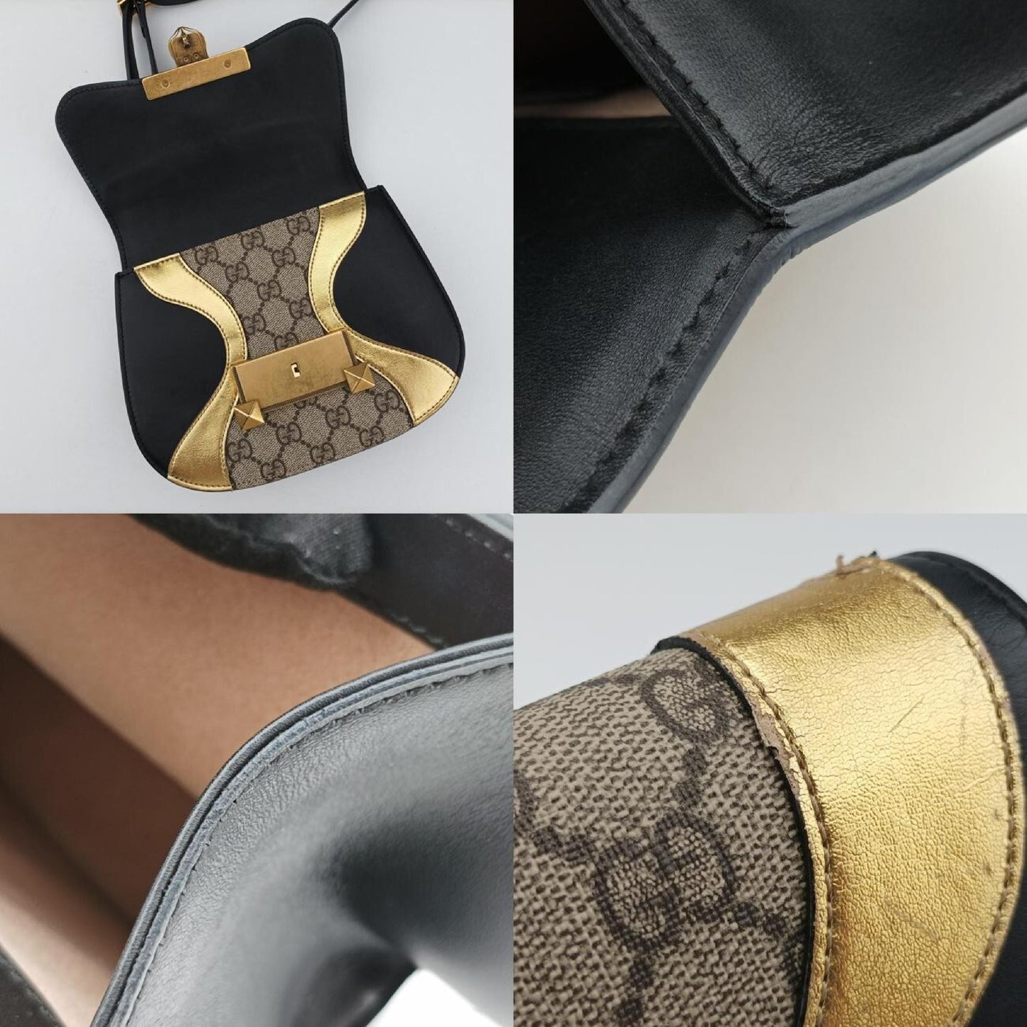 GUCCI Ojiride Beige x Black x Gold PVC Coated Canvas x Leather Shoulder Bag 500781 G023180424