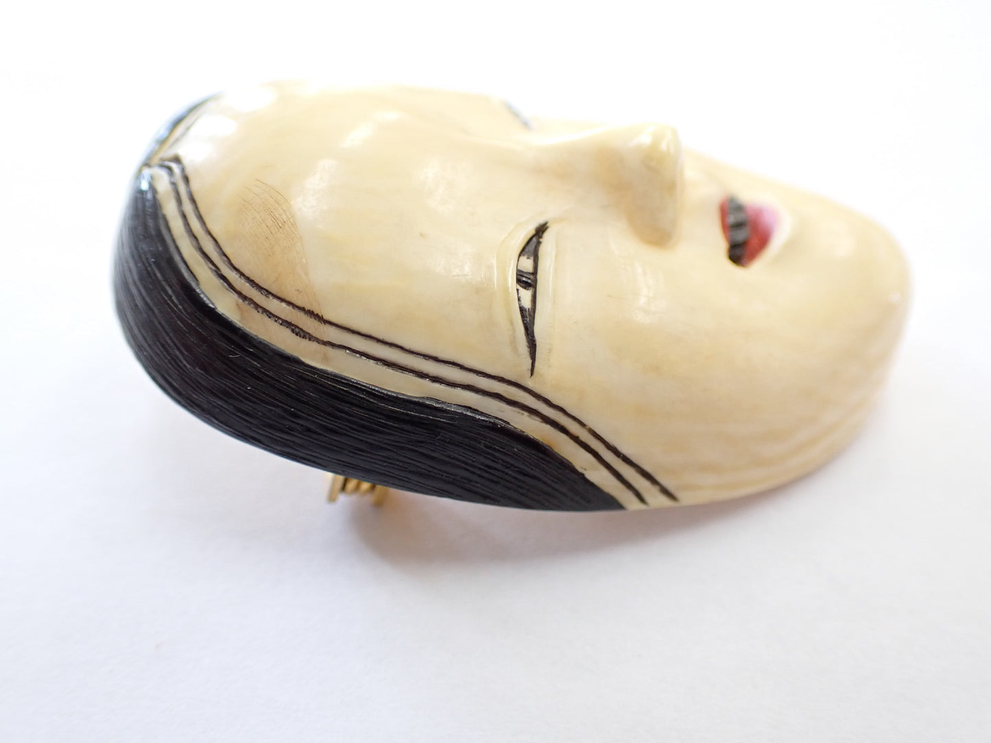 Noh Mask by Hiroyuki, Okame Otafuku, Blackened Teeth, Women's Brooch, Accessory