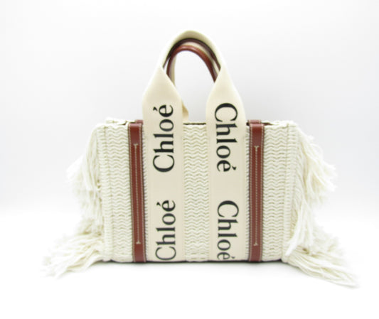 Chloe Woody Fringe Tote S Sepia Brown 2-Way Cotton/Leather Handbag