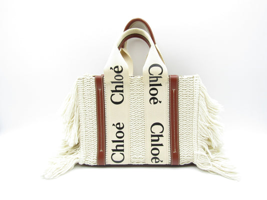 Chloe Woody Fringe Tote S Sepia Brown 2-Way Cotton/Leather Handbag