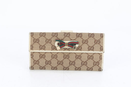 GUCCI GG Canvas Long Wallet with Sherry Ribbon
