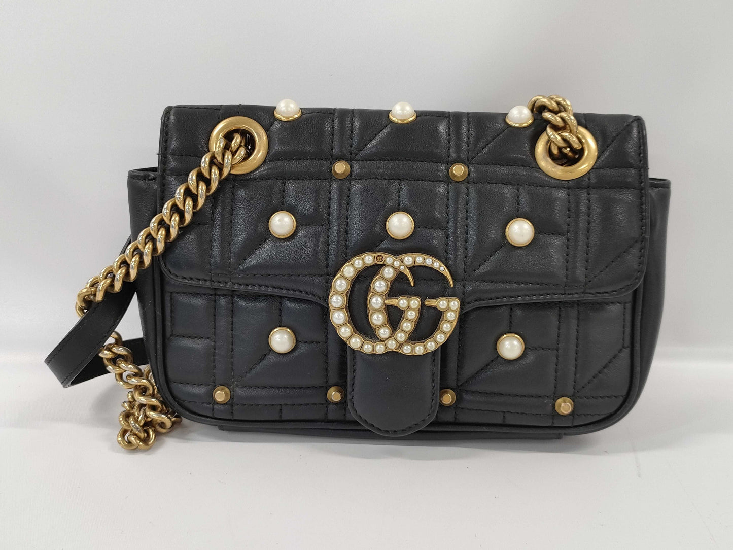 GUCCI Marmont Pearl Double Chain Shoulder Bag Black Shoulder Bag