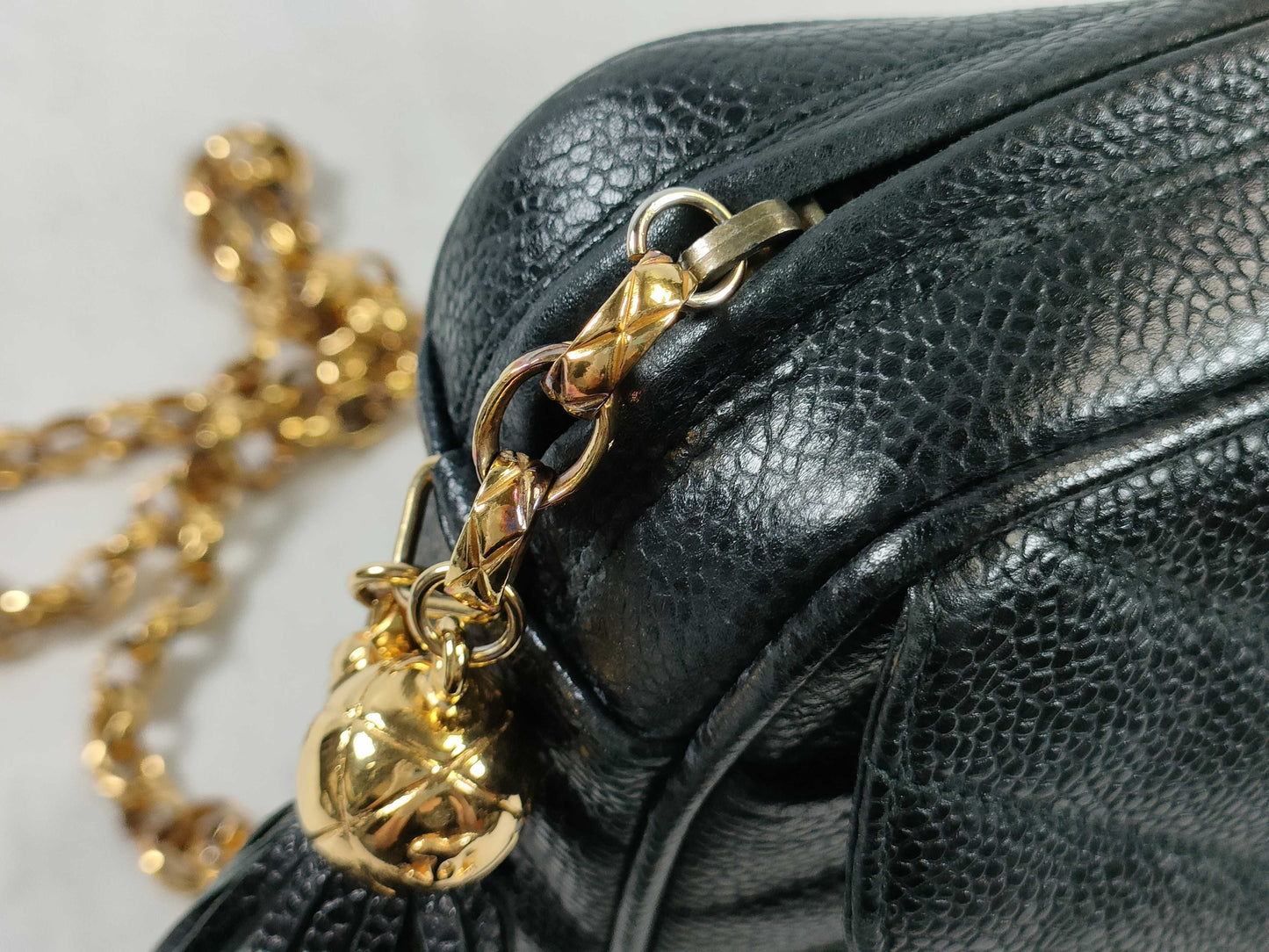 CHANEL Caviar Skin Chevron V-Stitch Fringe Chain Shoulder Bag 2556869