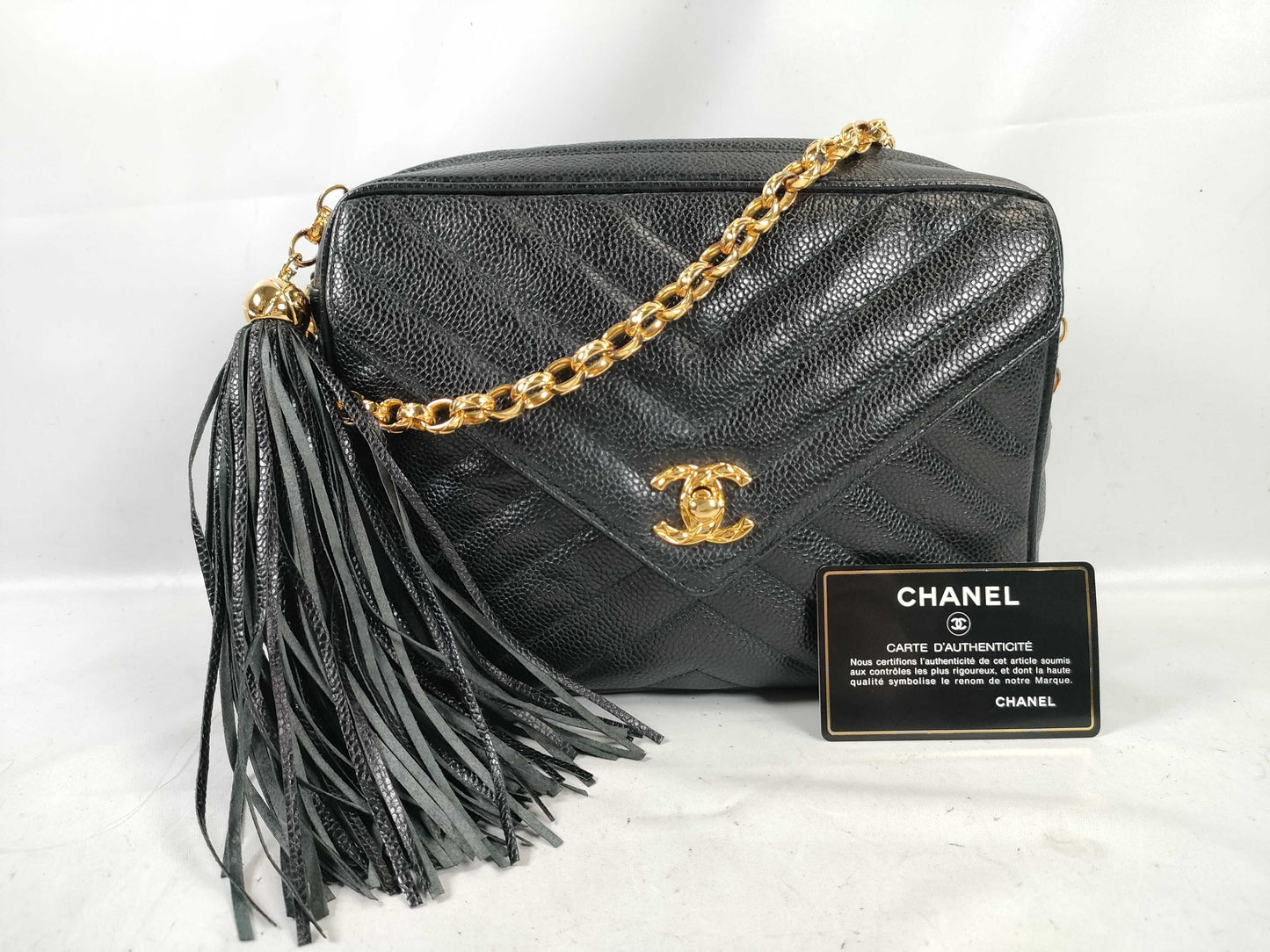 CHANEL Caviar Skin Chevron V-Stitch Fringe Chain Shoulder Bag 2556869