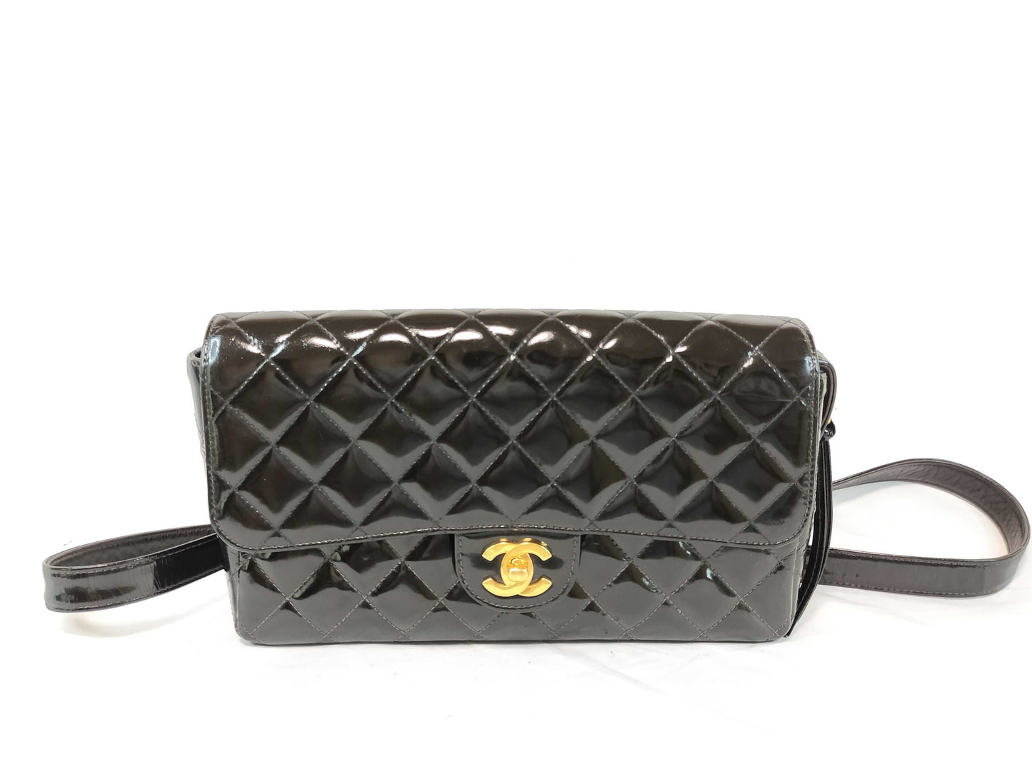 CHANEL Matelasse CHANEL Vintage Matelasse Coco Mark Turn Lock Black Gold Hardware Patent Leather Backpack
