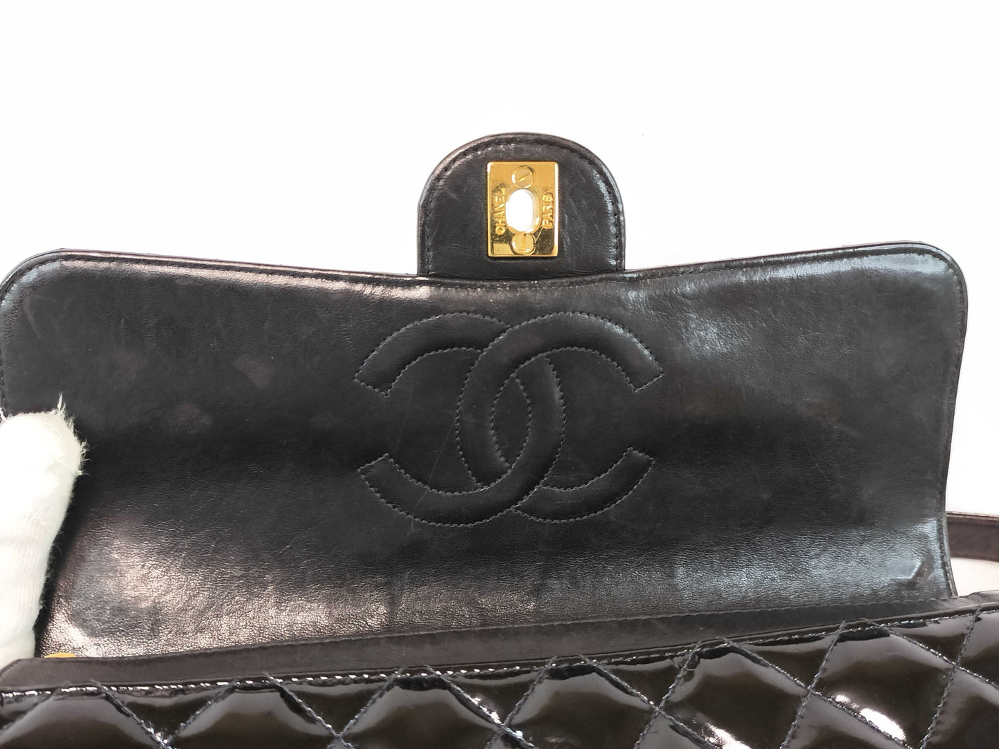 CHANEL Matelasse CHANEL Vintage Matelasse Coco Mark Turn Lock Black Gold Hardware Patent Leather Backpack