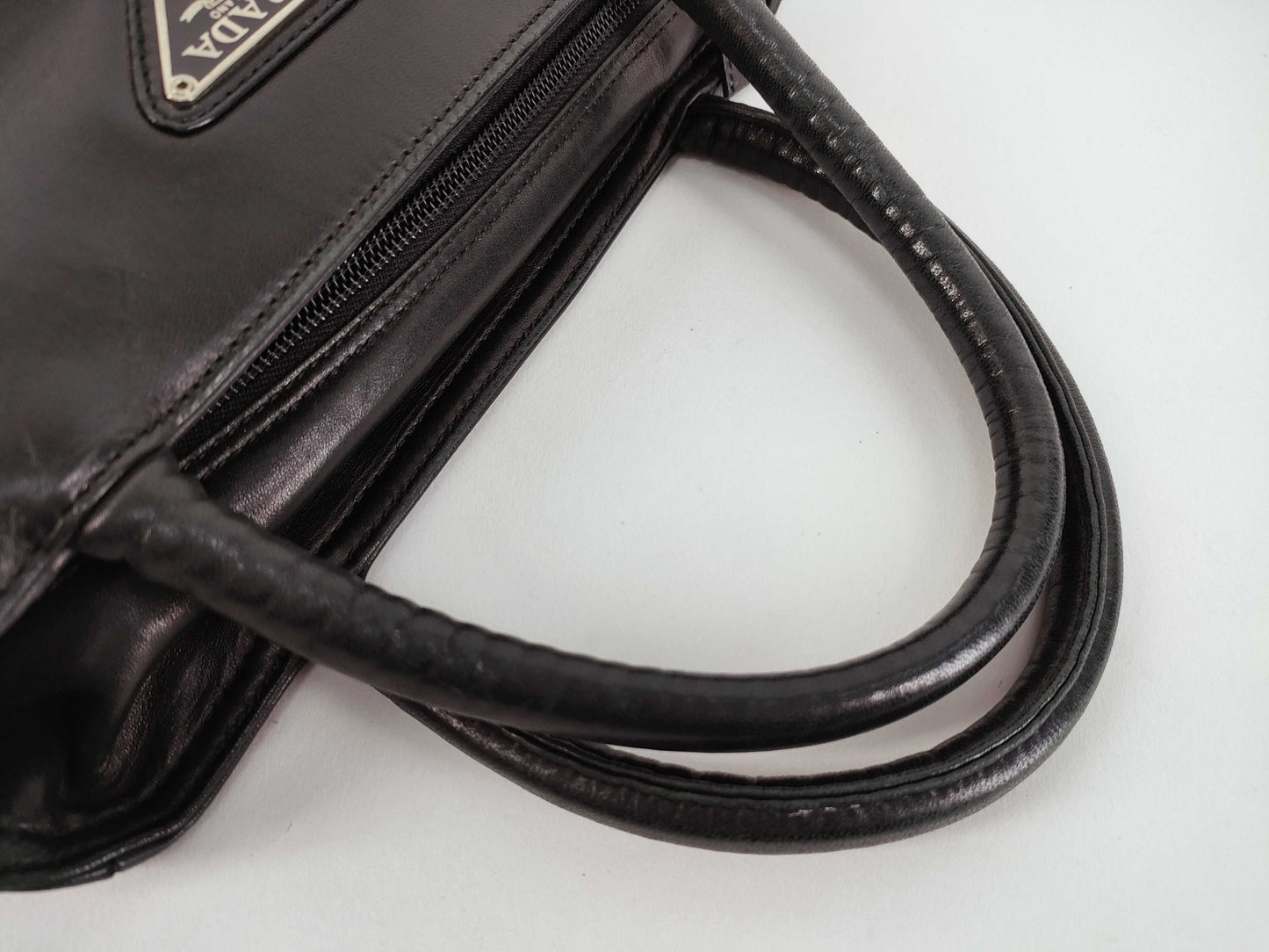 PRADA Prada Handbag with Triangle Logo, All Leather, Black, with Warranty Card