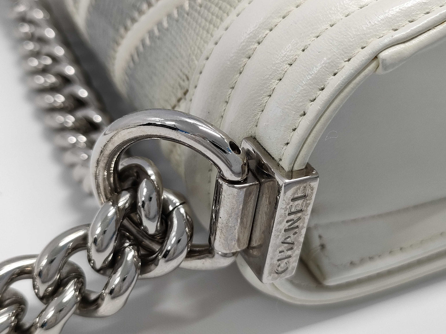 CHANEL Boy Chanel Lizard and Lambskin Shoulder Bag, White, No. 22