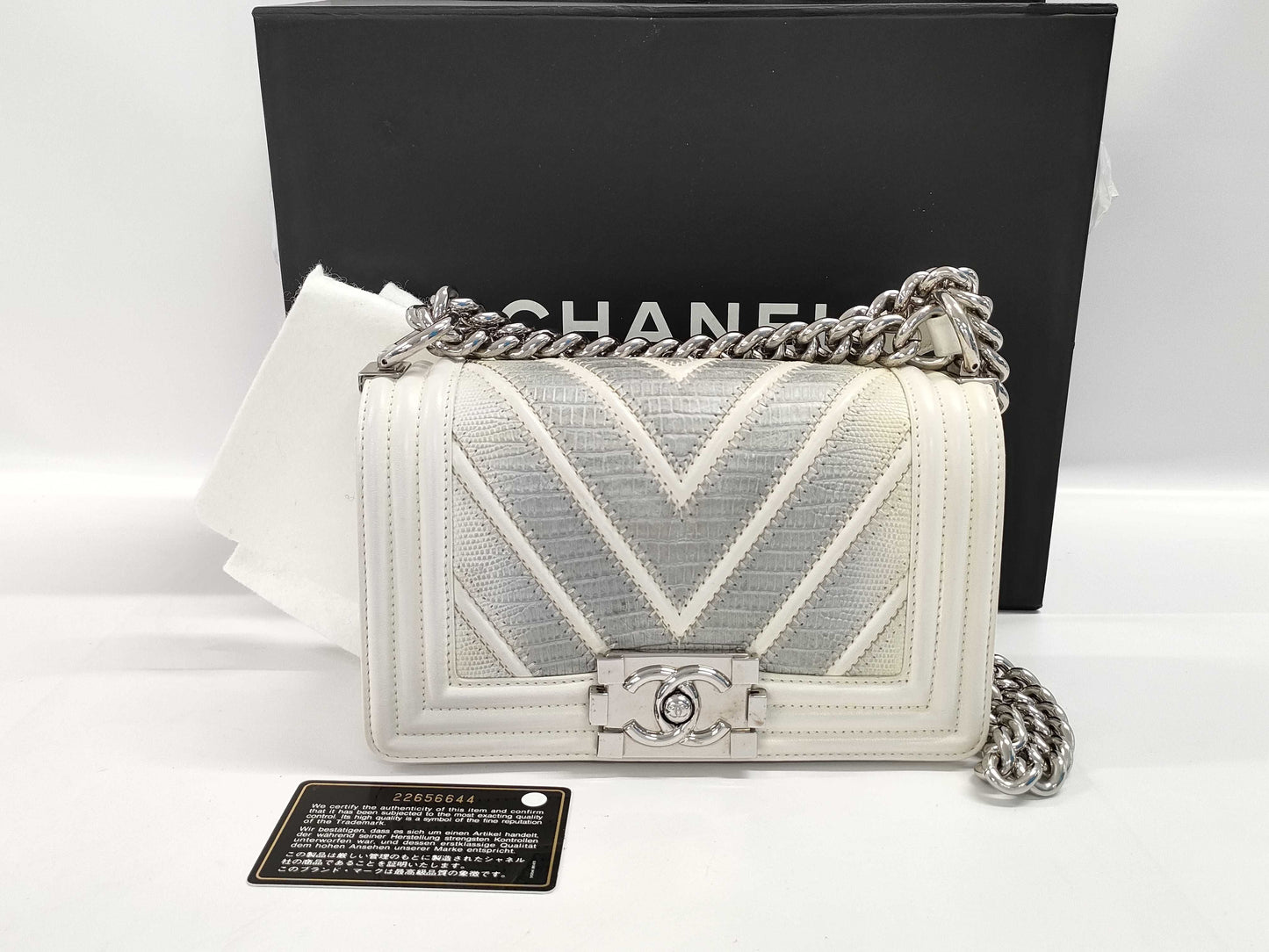 CHANEL Boy Chanel Lizard and Lambskin Shoulder Bag, White, No. 22