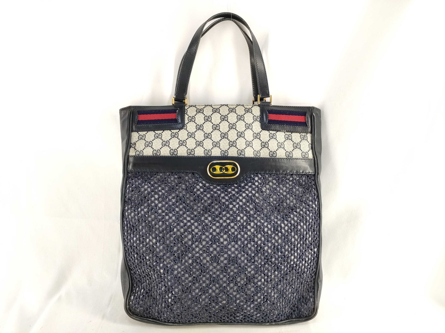 GUCCI Old Gucci 49 Tote Bag Sherry Line GG Supreme Mesh Navy Tote Bag