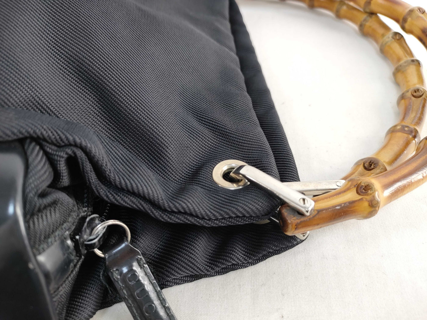 GUCCI Bamboo Gucci 000・1014 Bamboo Handbag Nylon x Patent Leather Black Handbag
