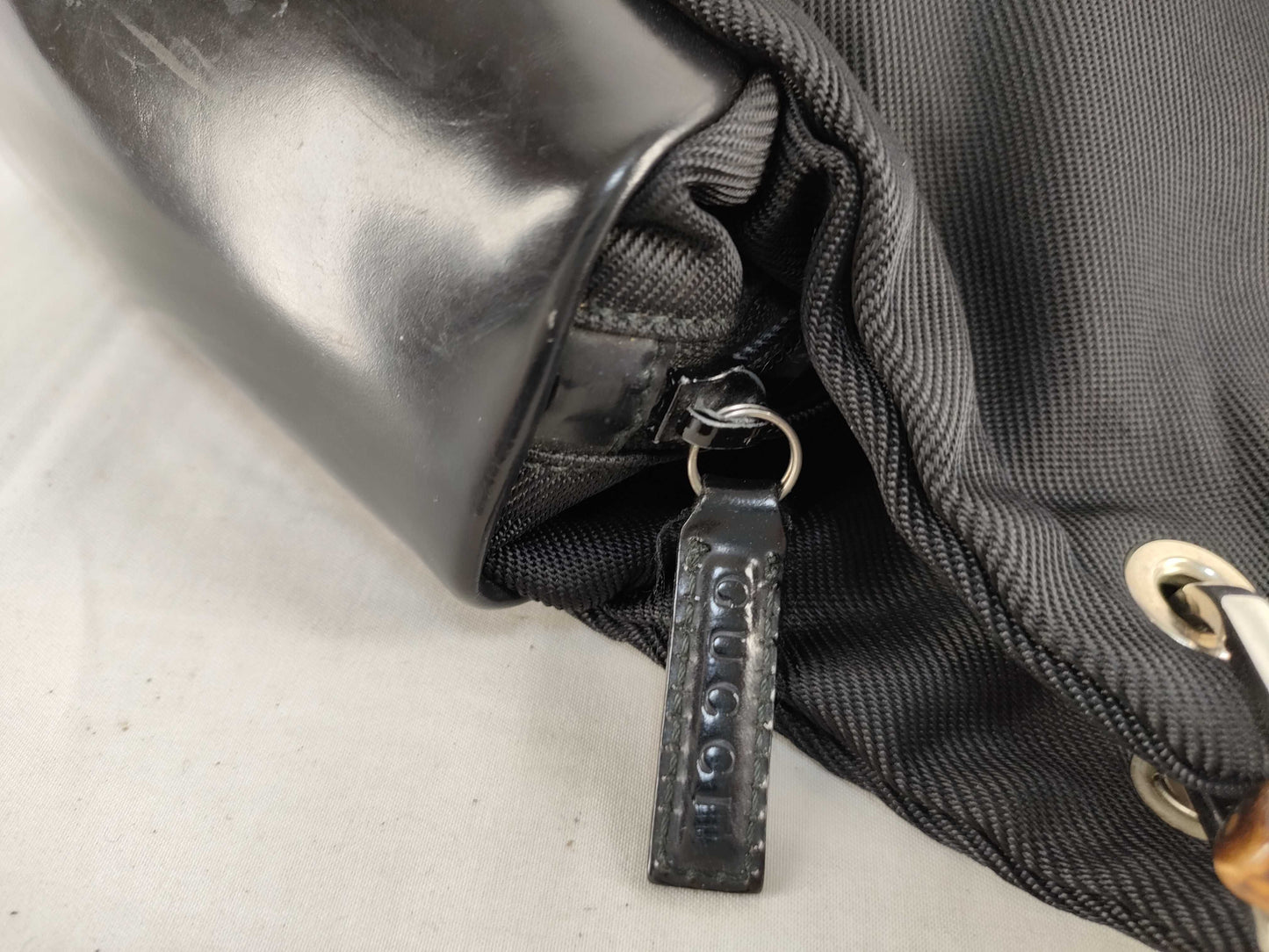 GUCCI Bamboo Gucci 000・1014 Bamboo Handbag Nylon x Patent Leather Black Handbag