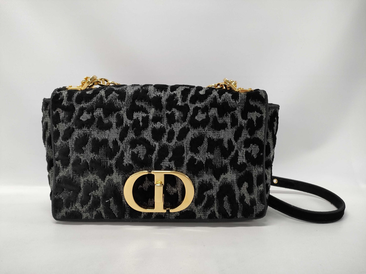 Dior Caro Leopard Print Gray Black Gold Hardware Velvet Canvas Shoulder Bag