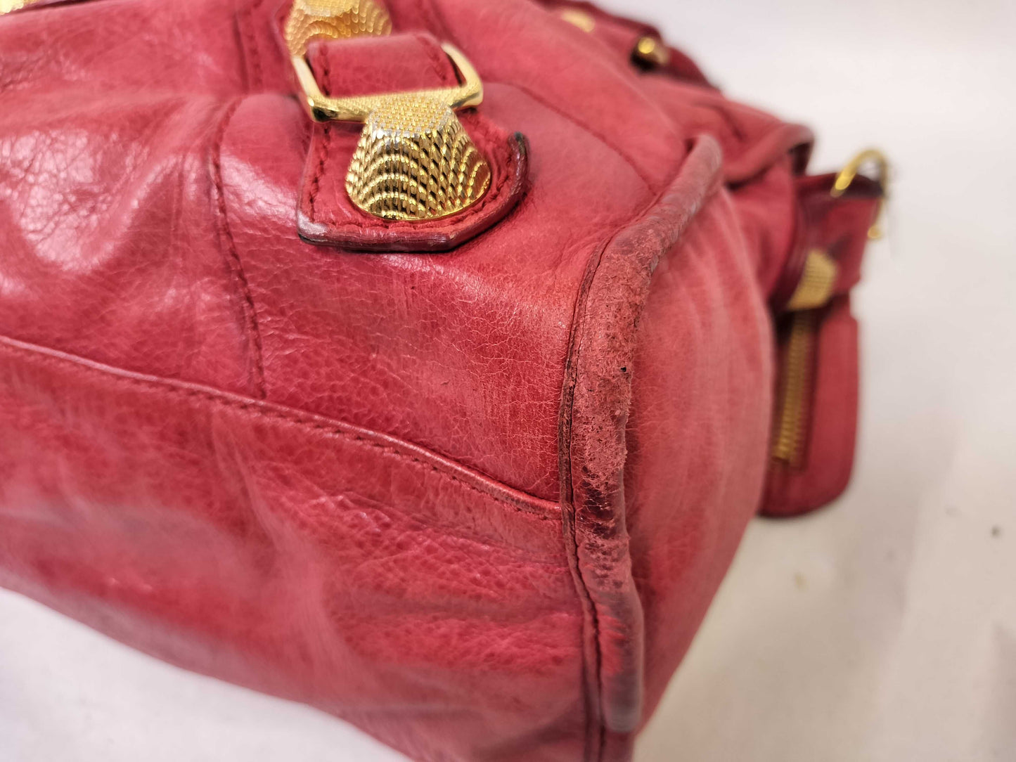 BALENCIAGA The Giant City Leather 2-Way Handbag, Red, 173084, Frayed.