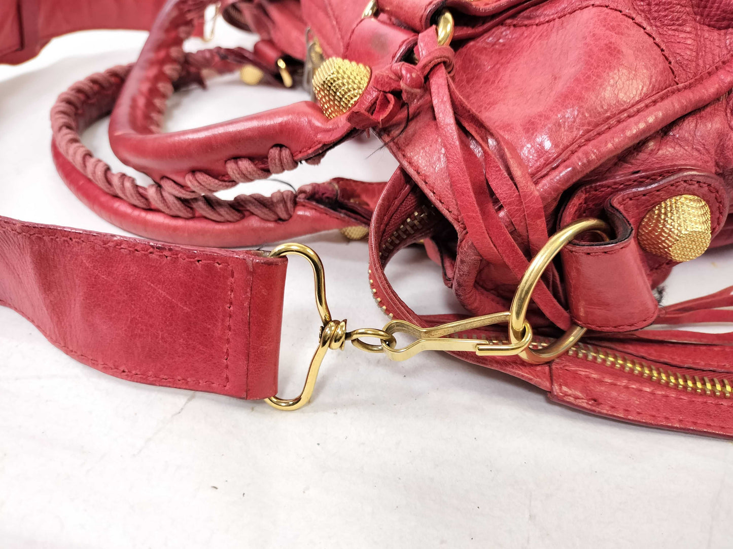 BALENCIAGA The Giant City Leather 2-Way Handbag, Red, 173084, Frayed.