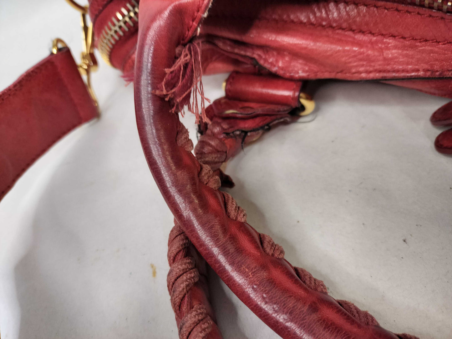 BALENCIAGA The Giant City Leather 2-Way Handbag, Red, 173084, Frayed.