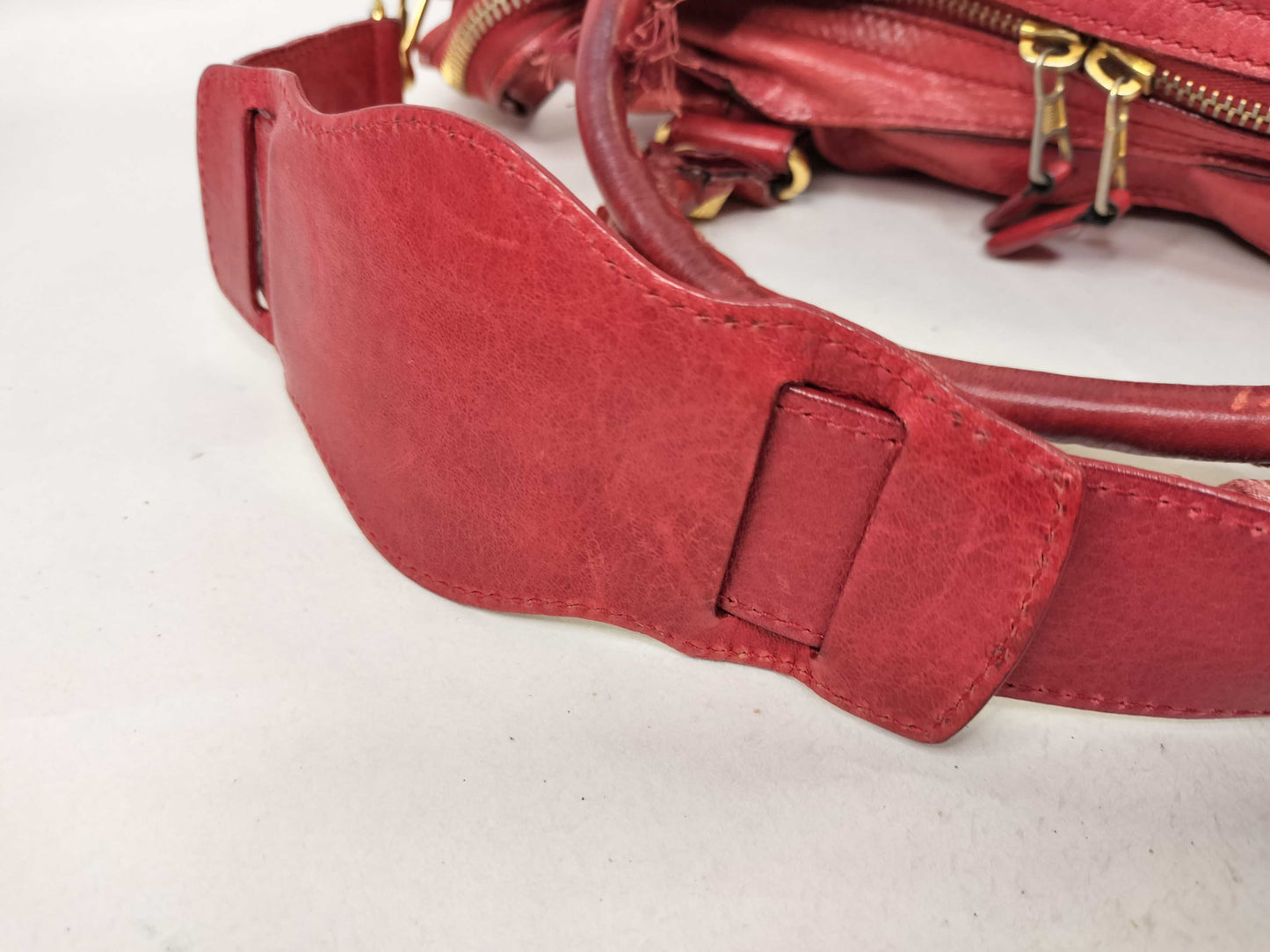 BALENCIAGA The Giant City Leather 2-Way Handbag, Red, 173084, Frayed.