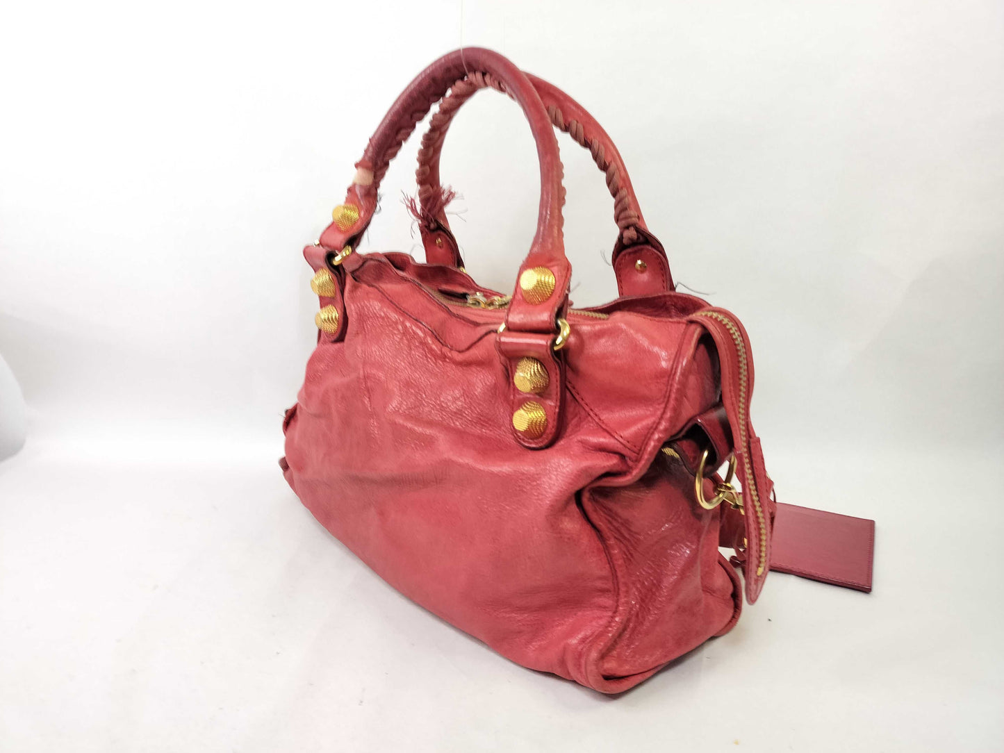 BALENCIAGA The Giant City Leather 2-Way Handbag, Red, 173084, Frayed.