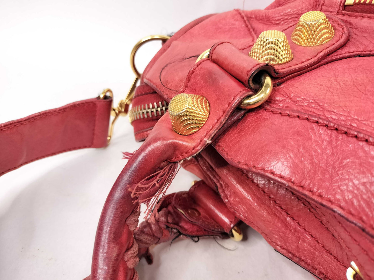 BALENCIAGA The Giant City Leather 2-Way Handbag, Red, 173084, Frayed.