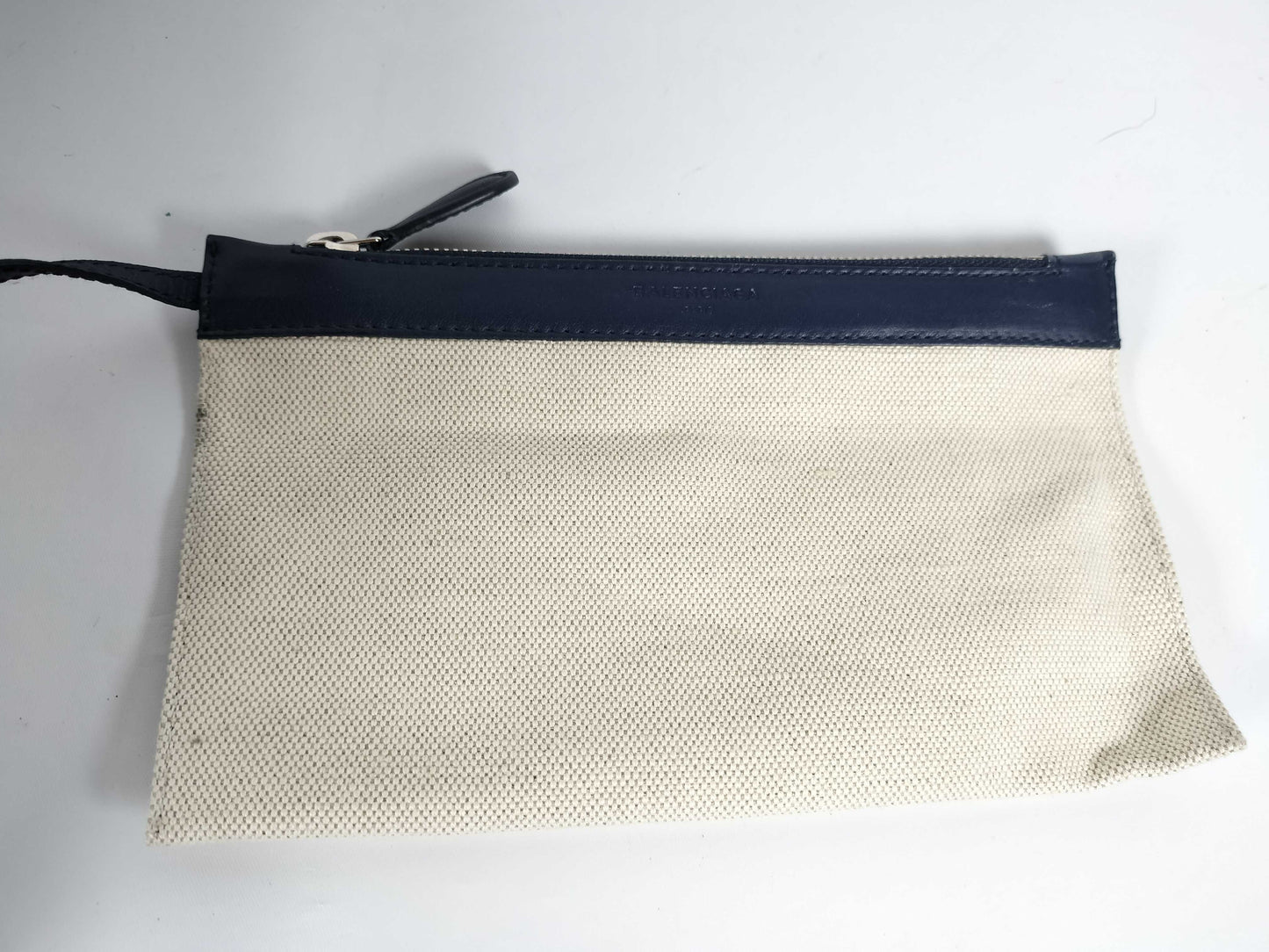 BALENCIAGA Navy Cabas Canvas and Leather Handbag, Beige and Navy, 339933 Tote Bag