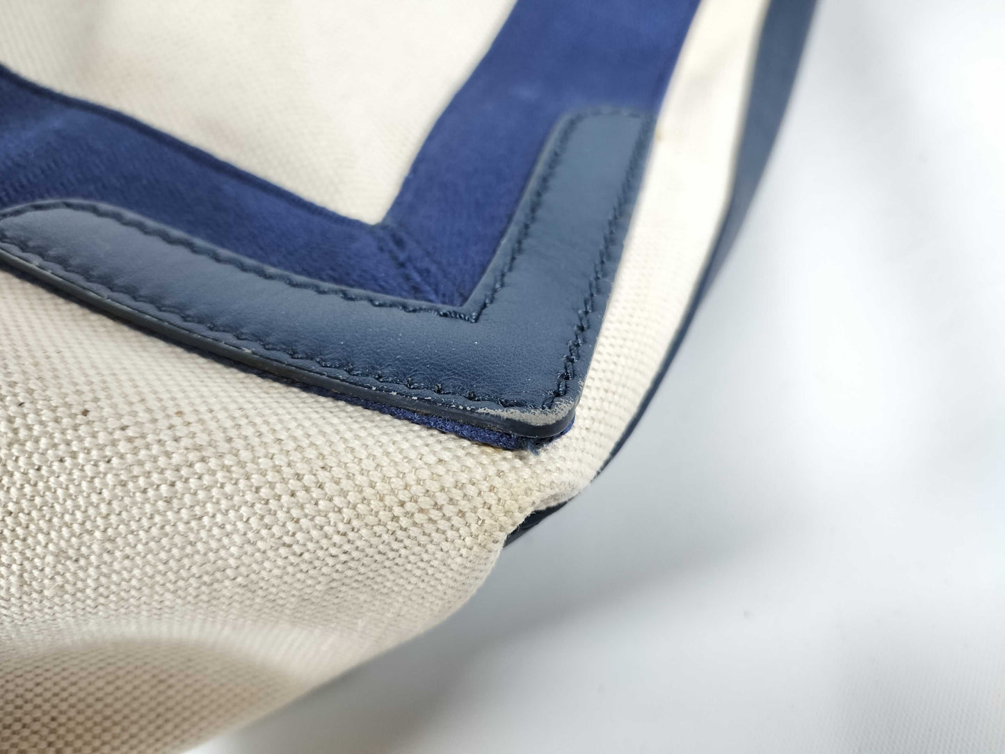 BALENCIAGA Navy Cabas Canvas and Leather Handbag, Beige and Navy, 339933 Tote Bag