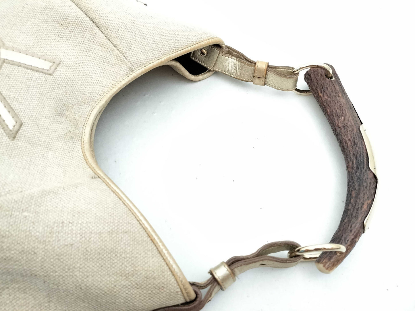 Yves Saint Laurent Mombasa Canvas and Horn Handbag 135202/002122 Beige Shoulder Bag